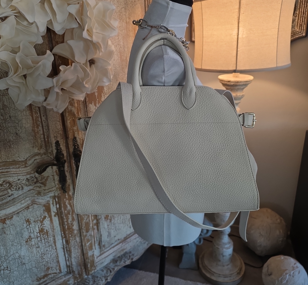 Structured Cream Leather Satchel with Detachable Strap